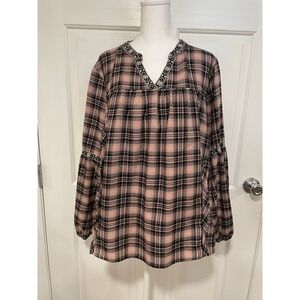Knox Rose Plaid Flannel Peasant Babydoll Top Soft Pink Long Sleeve‎ Loose XXL